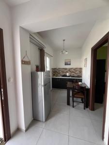 een keuken met een koelkast en een tafel bij Villa Antonis deluxe apartments in Amoudi