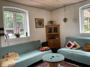 - un salon avec deux canapés verts et une table dans l'établissement Mormors Stue - Grethelund, à Silkeborg