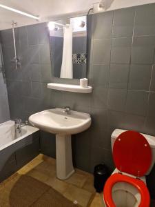La salle de bains est pourvue de toilettes rouges et d'un lavabo. dans l'établissement Appartement centre Saint Florent, à Saint-Florent
