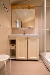 ein Bad mit einem Waschbecken und einem Spiegel in der Unterkunft Klara House in Isfjorden
