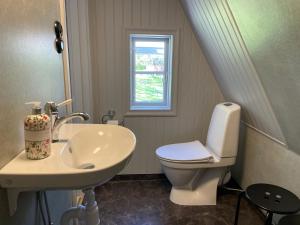 a bathroom with a sink and a toilet and a window at Pensionat Grisslehamn in Grisslehamn