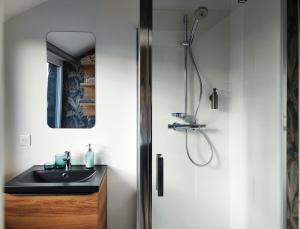 y baño con lavabo y ducha. en L'appart by Authentic en Saint-Ghislain