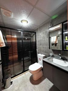 ein Badezimmer mit Toilette, Waschbecken und Dusche in der Unterkunft Wadi Rum Mirror Camp in Wadi Rum + 32 Fotos