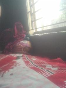 uma cama com um cobertor vermelho e uma janela em Hours home em Calcutá
