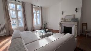ein Wohnzimmer mit einem Sofa und einem Kamin in der Unterkunft Appartement standing coeur de Vendôme Caroline Paul Officiel in Vendôme