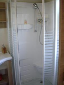 y baño con ducha, aseo y lavamanos. en Belles vacances aux chalets en Casteljaloux