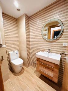 a bathroom with a toilet and a sink and a mirror at Apartamento San José in Milladoiro