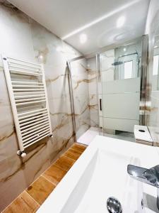 a bathroom with a sink and a shower at Apartamento San José in Milladoiro