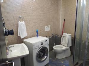 a bathroom with a washing machine and a toilet at Дом с камином in Tsaghkadzor