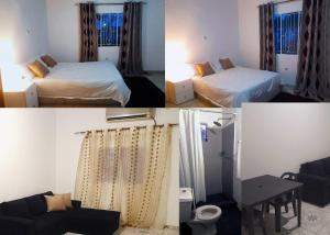 three pictures of a room with two beds and a couch at Katembe Beach Paradise in Maputo