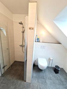 La salle de bains est pourvue d'une douche et de toilettes blanches. dans l'établissement Ferienwohnung Seedune, à Fehmarn