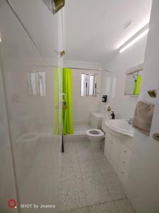 a white bathroom with a shower and a toilet at Golden Ambient Apartment in Chirivella