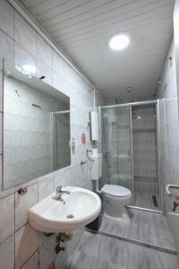 a bathroom with a sink and a shower and a toilet at Hostel Best Skopje in Skopje