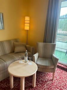 ein Wohnzimmer mit einem Sofa, einem Tisch und Stühlen in der Unterkunft Waldhaus am See in Willingen