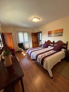 翁達羅阿的住宿－Harizpe，一间卧室配有两张床、一张桌子和一把椅子