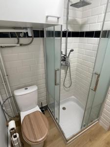 a bathroom with a shower with a toilet and a sink at Bmco cottage in Estrées-Saint-Denis