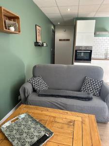 een woonkamer met een grijze bank en een houten vloer bij Appartement 3 pièces in Saint-Paul-et-Valmalle