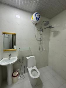 een badkamer met een douche en een toilet en een bal aan de muur bij The Happiness Sun Suites in Fodhdhoo