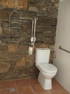 a bathroom with a toilet and a stone wall at Obradoiro in Sarria