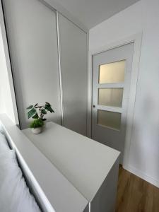 Una habitación blanca con una mesa con una planta. en Monte y mar Albufereta, en Alicante