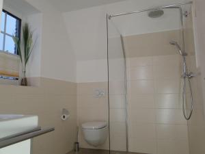 La salle de bains est pourvue d'une douche, de toilettes et d'un lavabo. dans l'établissement Bispinger-Heidezauber, à Bispingen