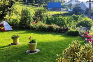 a garden with potted plants and a tent at un petit coin paisible in Le Monteil