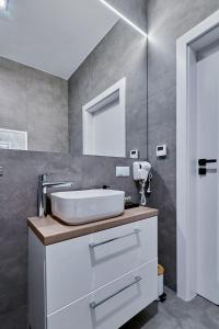 een badkamer met een wastafel en een spiegel bij Apartament Sztuk Pięknych 14 in Piła