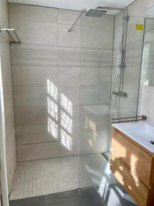 una doccia con porta in vetro accanto a un lavandino di Petite maison privative dans un environnement idyllique a Lasne