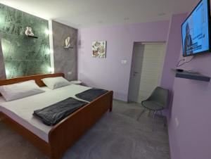 um quarto com uma cama, uma televisão e uma cadeira em Apartments Klenovica Jadranka Čačić em Klenovica