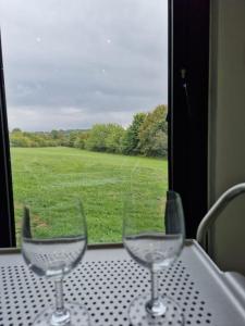 two empty wine glasses sitting on a table in front of a window at Delightful cabin retreat wrapped by natural beauty in Dartford