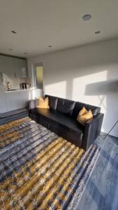 a living room with a black couch and a rug at Delightful cabin retreat wrapped by natural beauty in Dartford