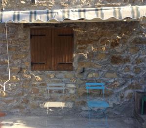 two blue chairs sitting in front of a stone building at Cozy Cottage Retreat in Bajardo in Baiardo