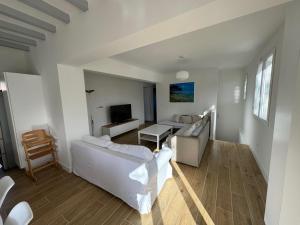 uma sala de estar com dois sofás brancos e uma televisão em CAPBRETON. Villa BAKENSACK avec terrasse pour 12 personnes wifi gratuit em Capbreton