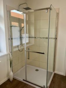 a shower with a glass door in a bathroom at HarzFokus - Beautynest - #Netflix#Wlan#Sauna#Zentrum in Wernigerode +9 photos