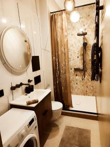 a bathroom with a sink and a toilet and a shower at New luxury apartment in the center in Rīga