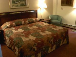 um quarto de hotel com uma cama e uma cadeira em American Motel Waseca em Waseca