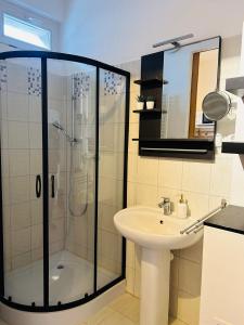 ein Bad mit einer Dusche und einem Waschbecken in der Unterkunft Studio Apartment Bluebell in Bratislava