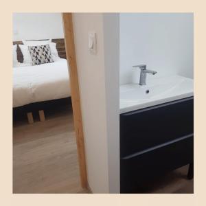 een badkamer met een wastafel en een bed bij Au vert des lys Chambres d'hôtes in Haverskerque