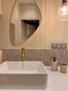 a bathroom with a white sink and a mirror at Charmant loft intime in Croisy-sur-Eure
