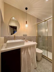 a bathroom with a sink and a toilet and a mirror at Charmant loft intime in Croisy-sur-Eure