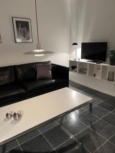 sala de estar con sofá negro y TV en Fantastisk lejebolig med direkte udsigt til sø en Bogense