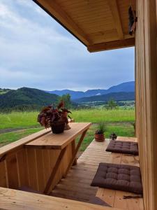 una terraza de madera con una mesa con una maceta en Glamping hiška Gril, en Ljubno