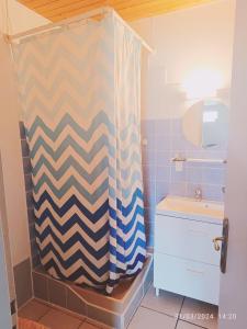 a bathroom with a chevron shower curtain and a sink at Maison Datcha Gîte familial avec jardin et piscine privée près de Toulouse in Lavaur