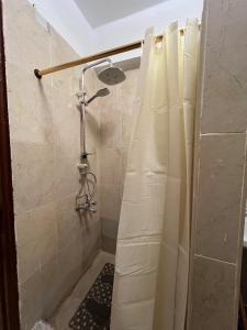 La salle de bains est pourvue d'une douche avec rideau de douche. dans l'établissement Cozy room in Degla Maadi, au Caire