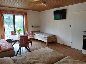 a living room with a couch and a tv on the wall at Studio Sonnenhang Würnitz in Würnitz