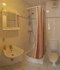 ein Bad mit einem Waschbecken, einem WC und einer Dusche in der Unterkunft Apartmentpension Am Krongut in Potsdam
