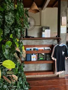 een t-shirt staat op een plank naast een plant bij Basa-basi Lodge in Karimunjawa