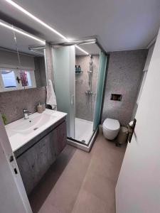 a bathroom with a sink and a shower and a toilet at Retro House with Garden in Anopoli in Thessaloniki