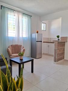 ein Wohnzimmer mit einem Kühlschrank und einem Tisch in der Unterkunft ALTOS DE VIRGINIA 57 in Sánchez