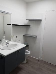 ein weißes Bad mit einem Waschbecken und einem WC in der Unterkunft Maison tout confort à Saint-Michel-Chef-Chef in Saint-Michel-Chef-Chef